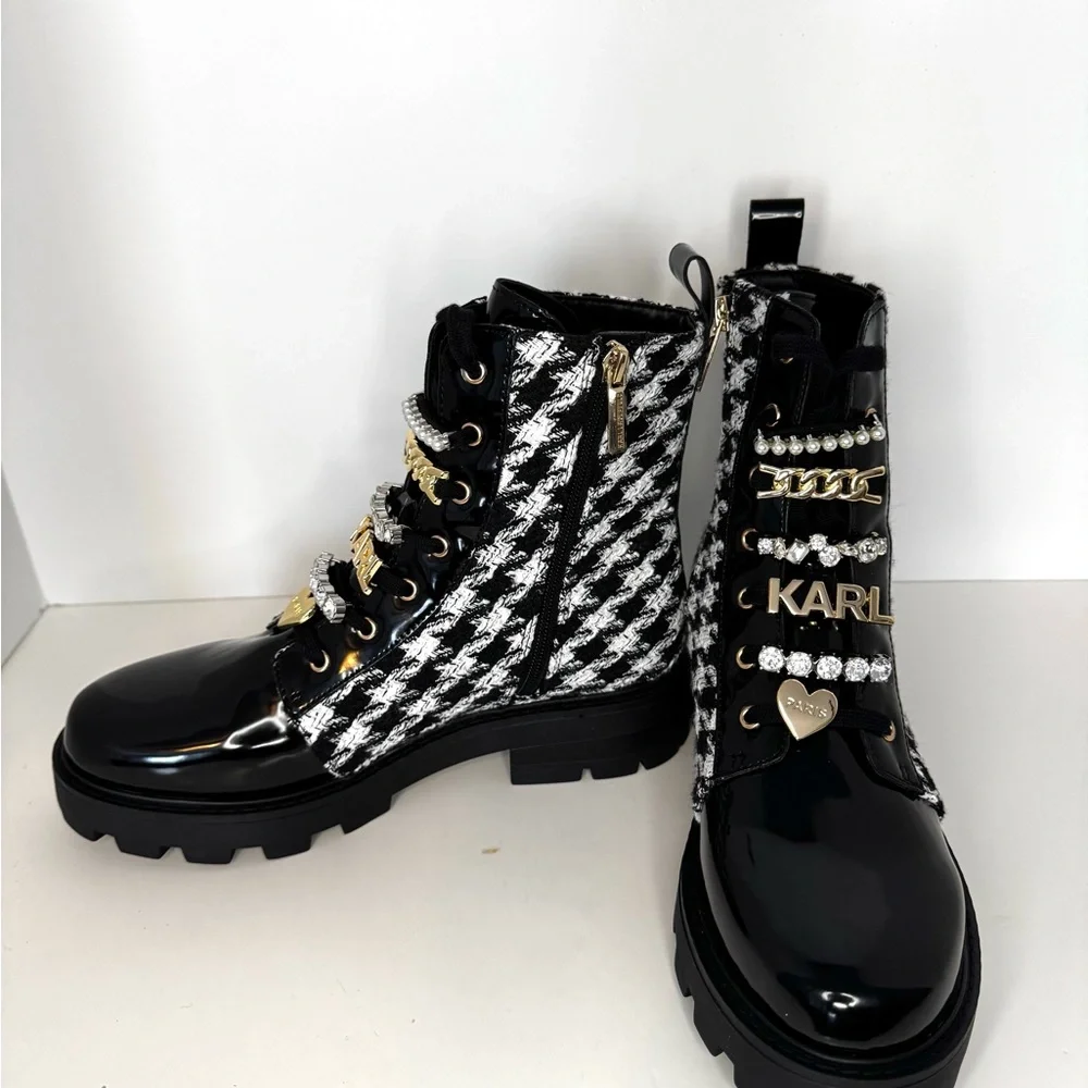 New Karl Lagerfeld Mela Tweed Black/White Combat Boots - Picture 9 of 12